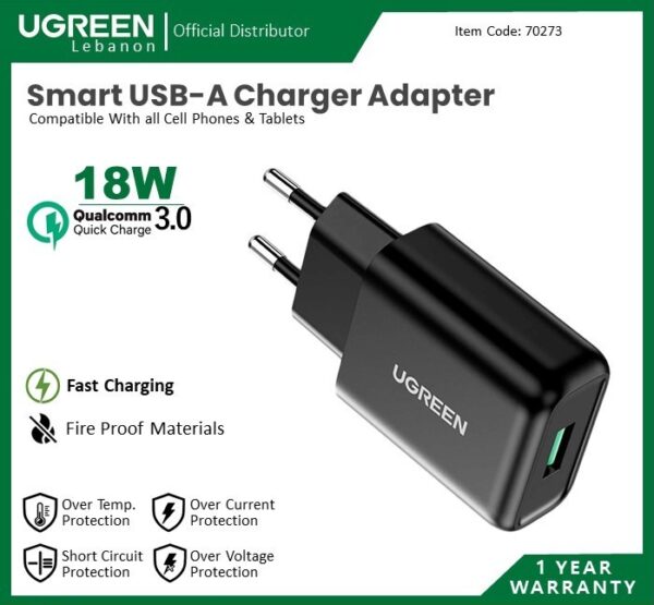 18W QC3.0 USB-A CELL PHONE FAST CHARGER ADAPTER UGREEN CD122 - 70273