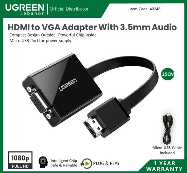 HDMI TO VGA ADAPTER CABLE WITH 3.5MM AUDIO, FULL HD UGREEN MM103 - 40248