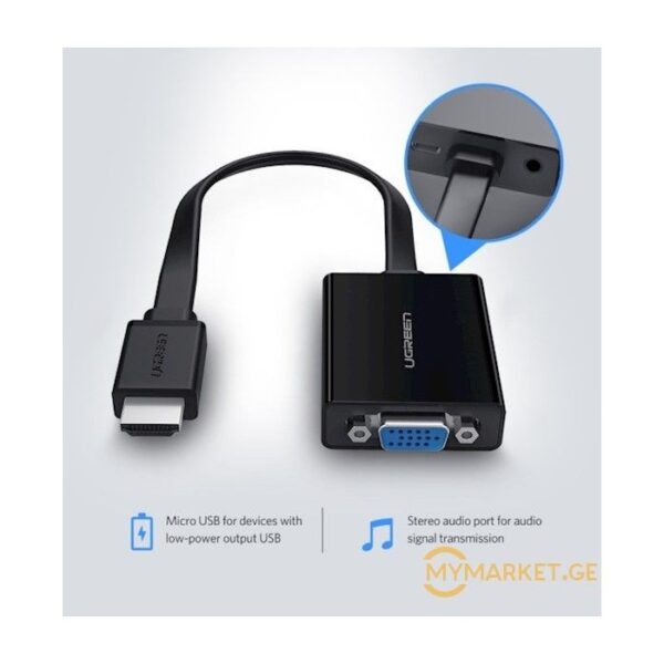 HDMI TO VGA ADAPTER CABLE WITH 3.5MM AUDIO, FULL HD UGREEN MM103 - 40248 - Image 2