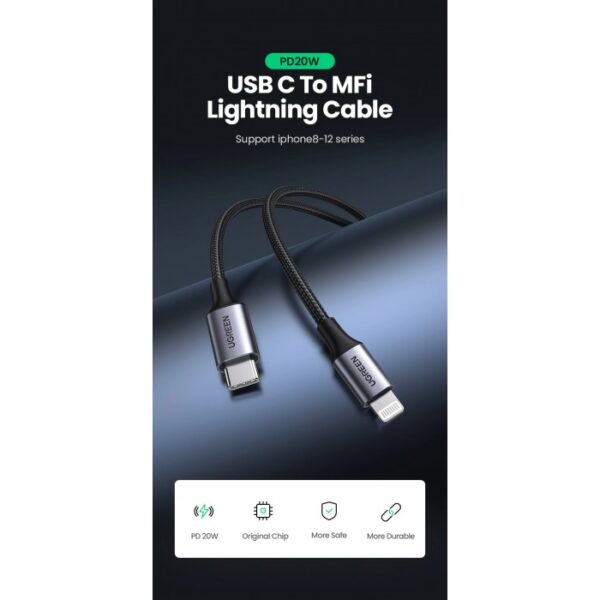 MFI, APPLE CERTIFIED CABLE USB-C TO LIGHTNING NYLON BRAIDED & ALUMINUM BODY UGREEN US304 - Image 2