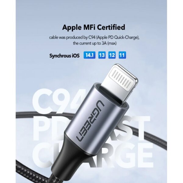 MFI, APPLE CERTIFIED CABLE USB-C TO LIGHTNING NYLON BRAIDED & ALUMINUM BODY UGREEN US304 - Image 4