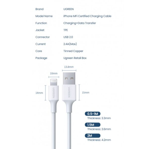 MFI, APPLE CERTIFIED CABLE USB TO LIGHTNING UGREEN US155 - Image 3