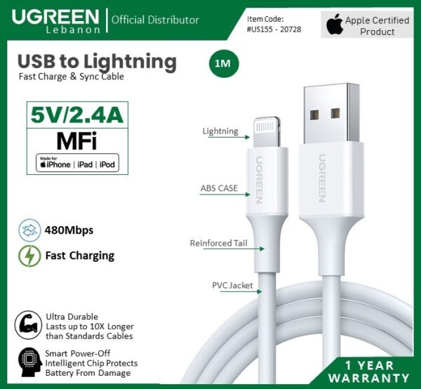 MFI, APPLE CERTIFIED CABLE USB TO LIGHTNING UGREEN US155