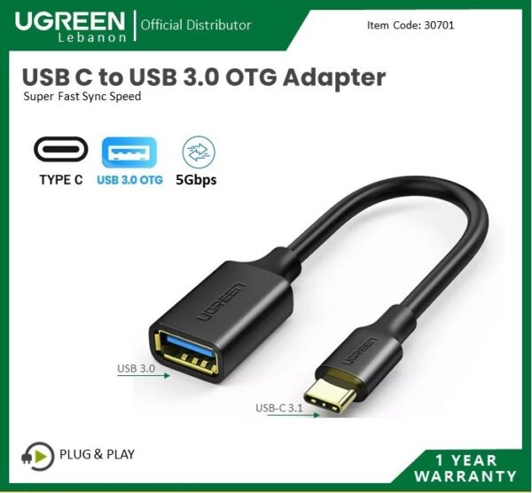 OTG CABLE ADAPTER FROM USB-C 3.1 MALE TO USB 3.0 FEMALE UGREEN US154-30701