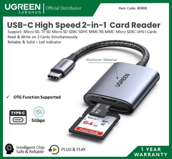 USB-C HIGH SPEED 2-IN-1 CARD R+A84:T84 READER UGREEN CM401 - 80888