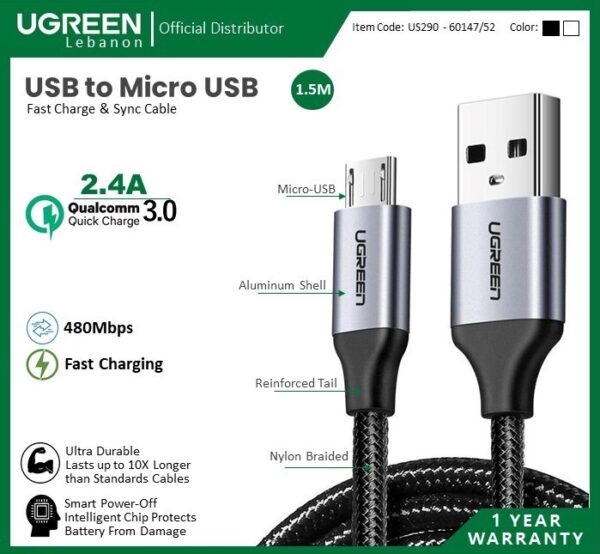 USB TO MICRO USB 2.4A FAST CHARGE & DATA CABLE - NYLON BRAIDED & ALUMINUM BODY UGREEN US290