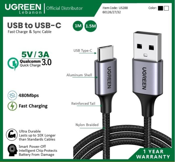 USB TO USB-C 5V/3A FAST CHARGE & DATA CABLE - NYLON BRAIDED & ALUMINUM BODY UGREEN US288