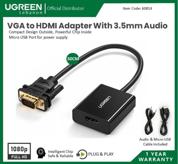 VGA TO HDMI ADAPTER CABLE WITH 3.5MM AUDIO, FULL HD UGREEN CM269 - 60814