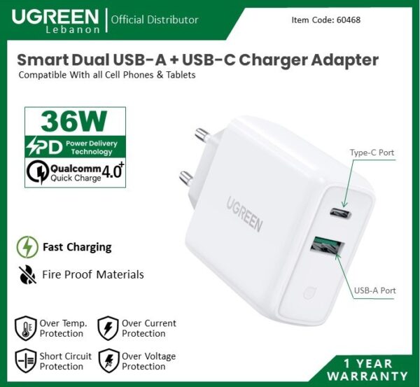 PD 36W DUAL PORT USB-A + USB-C CELL PHONE WALL CHARGER UGREEN CD170