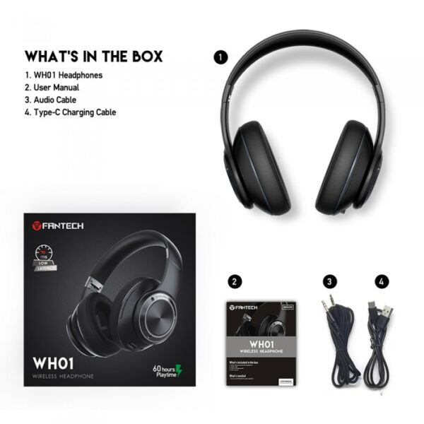 FANTECH WH01 WIRELESS HEADPHONES, DUAL MODE CONNECTION BT5.0 & 3.5MM JACK GAMING HEADSET (BLACK) - Image 7