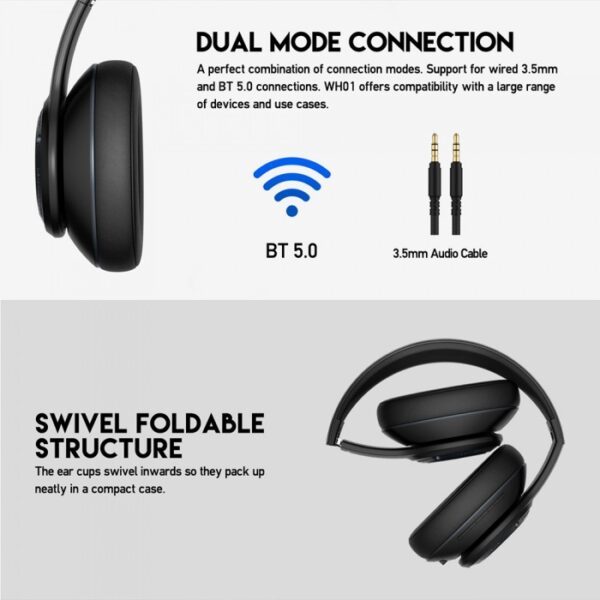 FANTECH WH01 WIRELESS HEADPHONES, DUAL MODE CONNECTION BT5.0 & 3.5MM JACK GAMING HEADSET (BLACK) - Image 6