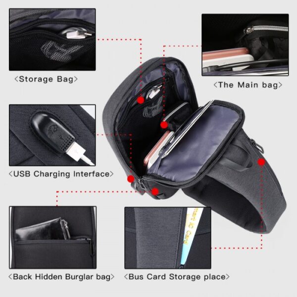 KINGSONS MULTIFUNCTIONAL CHEST BAG KS3173W DARK GRAY WATER-RESISTANT, SHOCK-RESISTANT - Image 4