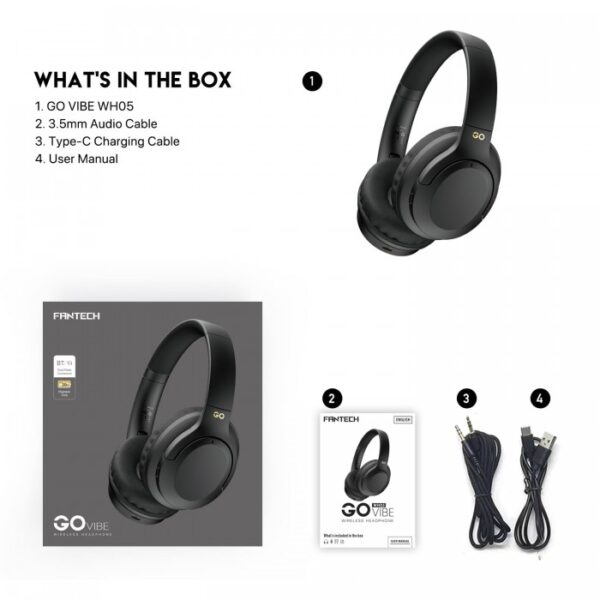 Fantech WH05 Go Vibe WIRELESS HEADPHONES, DUAL MODE CONNECTION BT5.3 & 3.5MM JACK GAMING HEADSET (Black) - Image 3