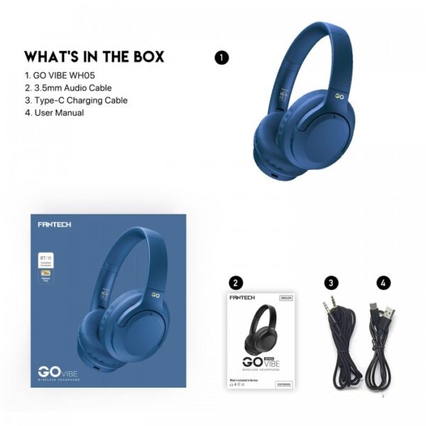 Fantech WH05 Go Vibe WIRELESS HEADPHONES, DUAL MODE CONNECTION BT5.3 & 3.5MM JACK GAMING HEADSET (Blue) - Image 5