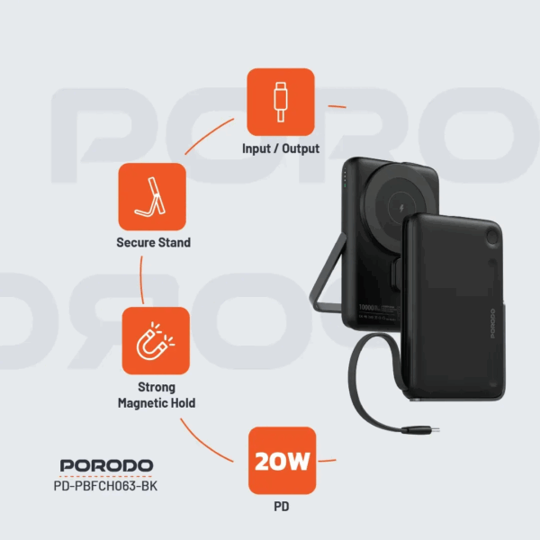 Porodo 10000mAh Power Bank Built-In Type-C & Stand - Black - Image 2