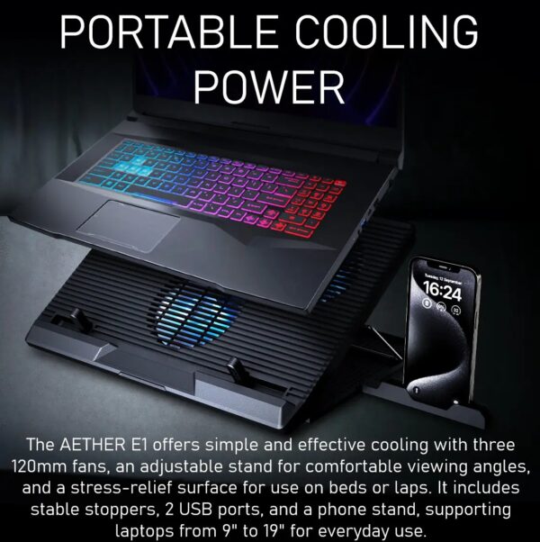 GAMDIAS AETHER E1 Laptop Cooling Pad With Triple 120mm Fans, 7 Height Levels, Dual USB Ports, Blue LED, And Compatibility for Up To 19” Laptops - Image 6