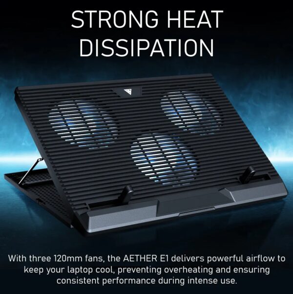 GAMDIAS AETHER E1 Laptop Cooling Pad With Triple 120mm Fans, 7 Height Levels, Dual USB Ports, Blue LED, And Compatibility for Up To 19” Laptops - Image 5