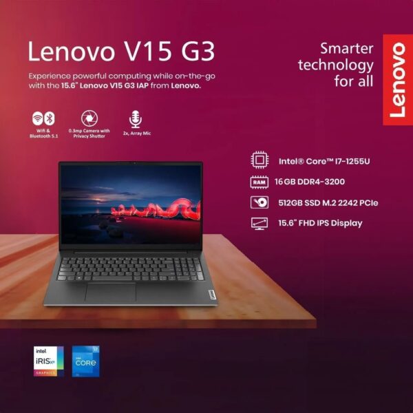 Lenovo V15 G3 IAP 82TTA0AAIN Business Laptop , Intel® Core™ i7-1255U, 16GB RAM, 512GB PCIe SSD, 15.6″ FHD Anti-Glare , Ethernet, HDMI, Wi-Fi 6, Webcam, DOS, Iron Grey